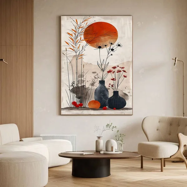 Tablou Japandi Grădina Liniștii – Canvas Premium Vase și Soare