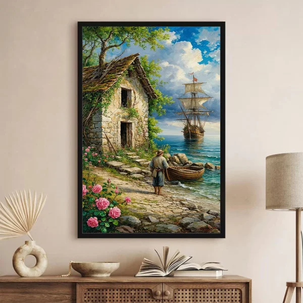 Tablou peisaj înrămat - Bătrânul si Marea, pentru living, hol, dormitor