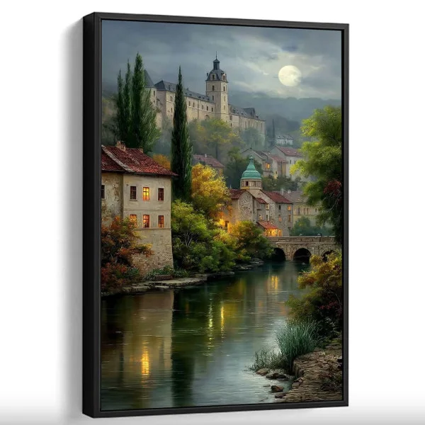 Tablou peisaj nocturn - Luminile Noptii, tablou înrămat pentru decor interior calm și premium