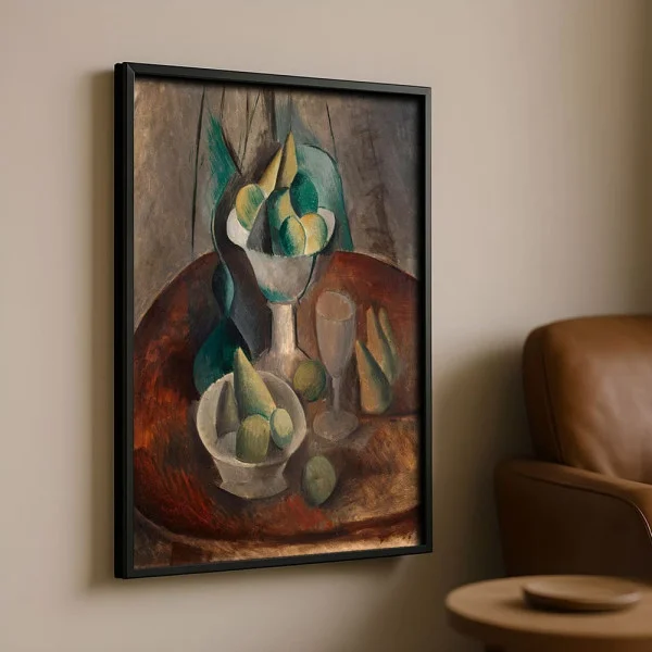 Tablou Pablo Picasso - Fructe într-un vas, tablou reproducere de înaltă calitate, operă emblematică a cubismului timpuriu, rama neagră