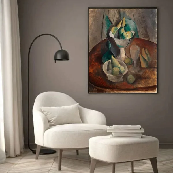 Tablou Pablo Picasso - Fructe într-un vas, tablou reproducere de înaltă calitate, operă emblematică a cubismului timpuriu, rama neagră