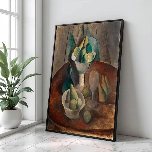 Tablou Pablo Picasso - Fructe într-un vas, tablou reproducere de înaltă calitate, operă emblematică a cubismului timpuriu, rama neagră