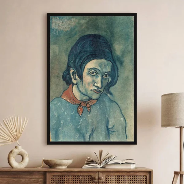 Tablou Pablo Picasso - Cap de femeie, tablou reproducere din celebra Perioadă Albastră a artistului, rama neagră