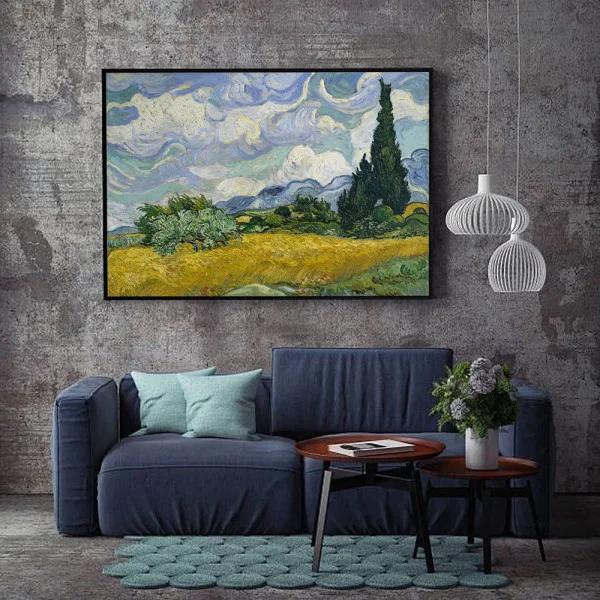 Tablou Vincent van Gogh - Câmp de Grâu cu Chiparoși, tablou reproducere înrămat ideal pentru livinguri moderne sau clasice, birouri elegante, holuri generoase și dormitoare