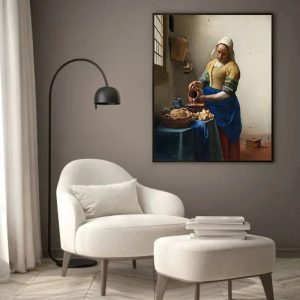 Tablou Vermeer - Lăptăreasa, tablou reproducere înrămat se integrează excelent în livinguri, bucătării spațioase, birouri sau holuri