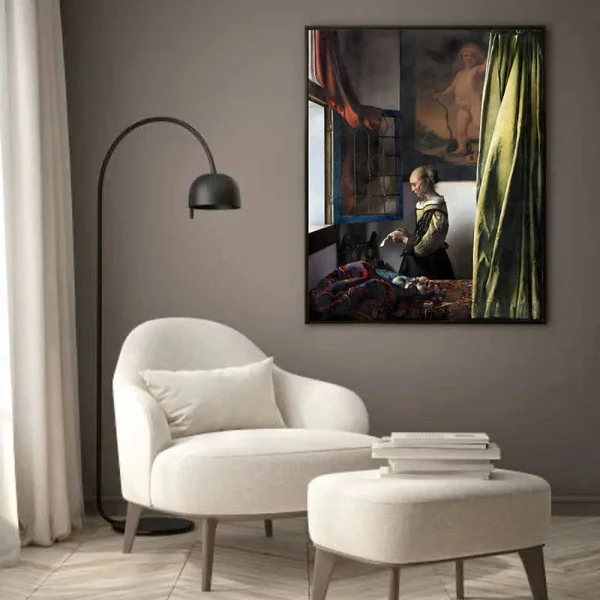 Tablou Vermeer - Fată citind o scrisoare la fereastră, tablou reproducere înrămat se potrivește perfect în livinguri clasice, birouri elegante, biblioteci sau holuri luminate
