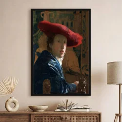 Tablou Vermeer - Fata cu pălărie roșie, tablou reproducere înrămat pentru livinguri moderne, birouri elegante sau dormitoare minimaliste