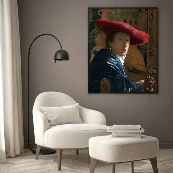 Tablou Vermeer - Fata cu pălărie roșie, tablou reproducere înrămat pentru livinguri moderne, birouri elegante sau dormitoare minimaliste