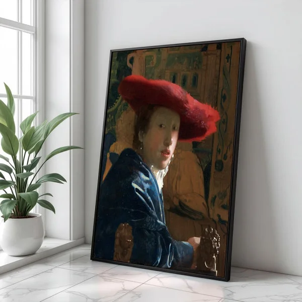 Tablou Vermeer - Fata cu pălărie roșie, tablou reproducere înrămat pentru livinguri moderne, birouri elegante sau dormitoare minimaliste