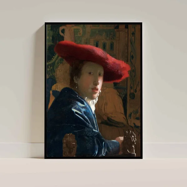 Tablou Vermeer - Fata cu pălărie roșie, tablou reproducere înrămat pentru livinguri moderne, birouri elegante sau dormitoare minimaliste