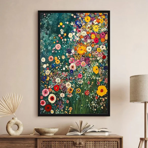 Tablou abstract înrămat - Râu de Flori, tablou abstract cu flori minimalist pentru living contemporan