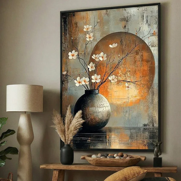 Tablou abstract înrămat - Ikebana, tablou abstract cu flori, pentru living sau dormitor modern