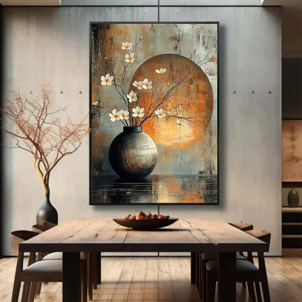 Tablou abstract înrămat - Ikebana, tablou abstract cu flori, pentru living sau dormitor modern