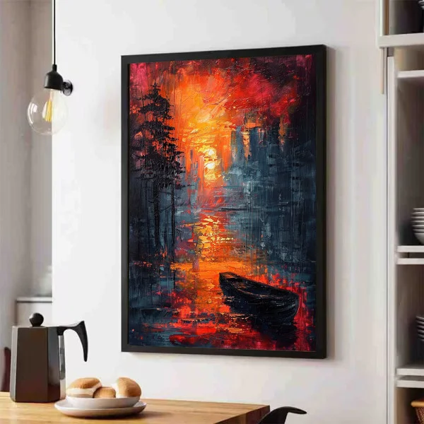 Tablou abstract cu ramă - Apus Incandescent, tablou abstract modern pentru spații contemporane elegante