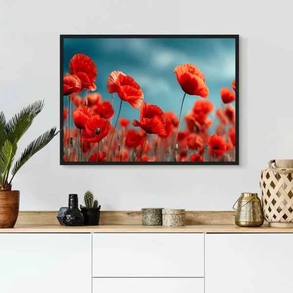 Tablou flori cu ramă - Maci Înfloriți, tablou cu flori modern, perfect pentru living, birou, hol