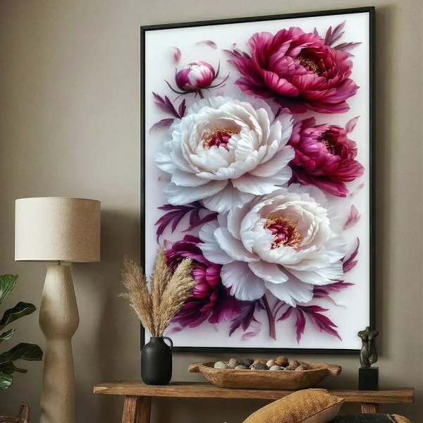 Tablou cu flori înrămat - Bujori Înfloriți, tablou premium inspirat din estetica florală