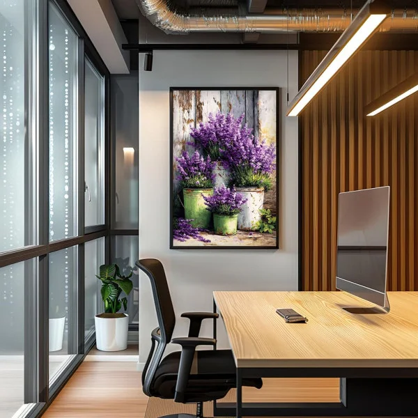 Tablou flori cu ramă - Lavandă in ghivece, tablou cu flori modern, perfect pentru living, birou, hol
