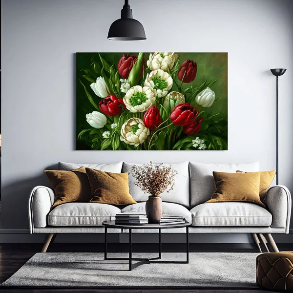 Buchet de Lalele Rosii si Albe - Tablou floral