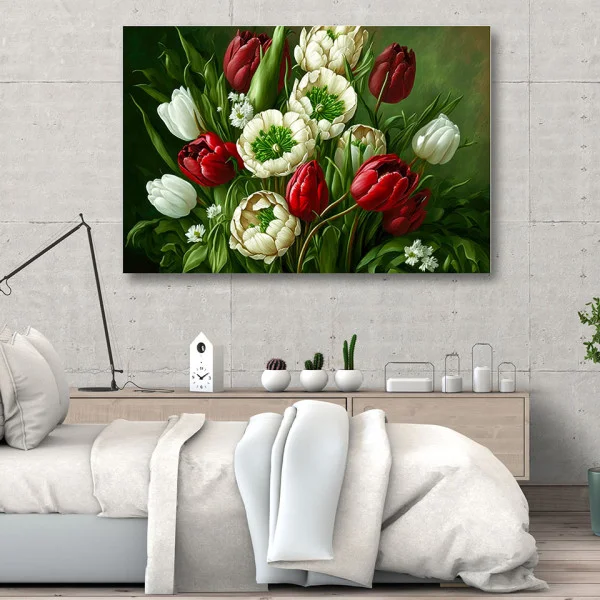 Buchet de Lalele Rosii si Albe - Tablou floral