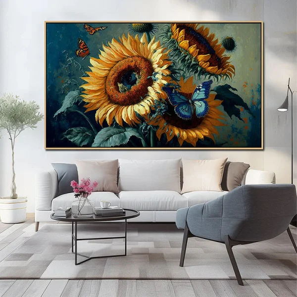 Tablou cu floarea soarelui - Zbor Printre Petale, canvas floral pentru living contemporan și aerisit