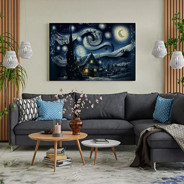 Tablou canvas peisaj - Zăpada și Mult Alb, tablou în stil Van Gogh ideal pentru livinguri sofisticate sau decoruri de poveste