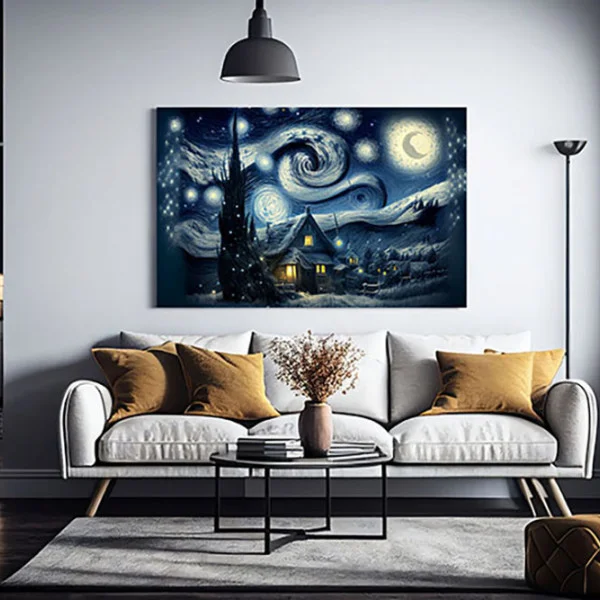 Tablou canvas peisaj - Zăpada și Mult Alb, tablou în stil Van Gogh ideal pentru livinguri sofisticate sau decoruri de poveste
