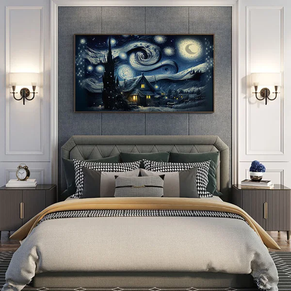 Tablou canvas peisaj - Zăpada și Mult Alb, tablou în stil Van Gogh ideal pentru livinguri sofisticate sau decoruri de poveste