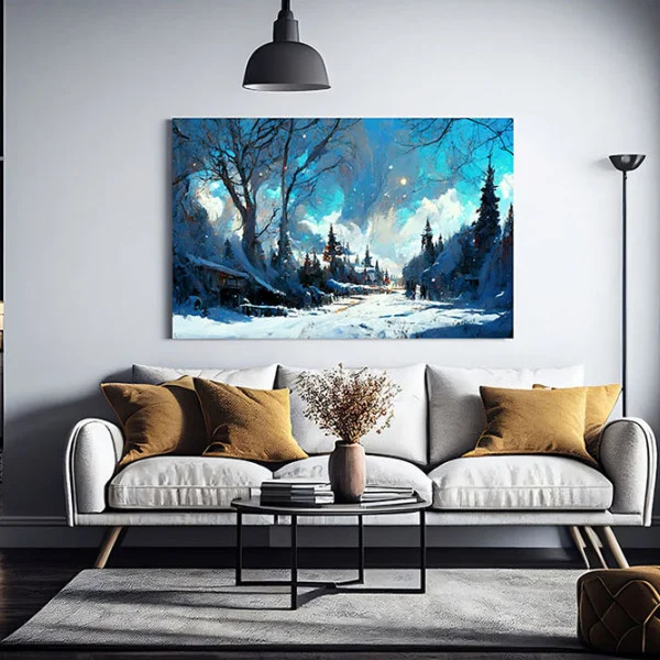 Tablou canvas peisaj - Zi de Iarnă, tablou de iarna perfect pentru decoruri nordice sau livinguri luminoase