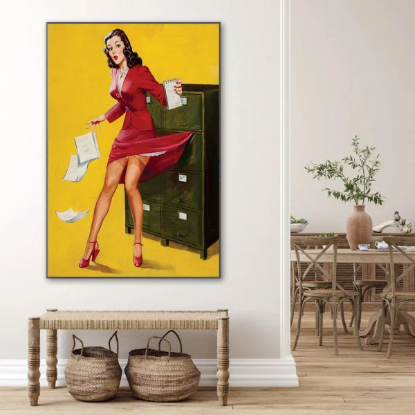 Tablou canvas retro secretară – Domnișoara secretară, afiș vintage office pin-up