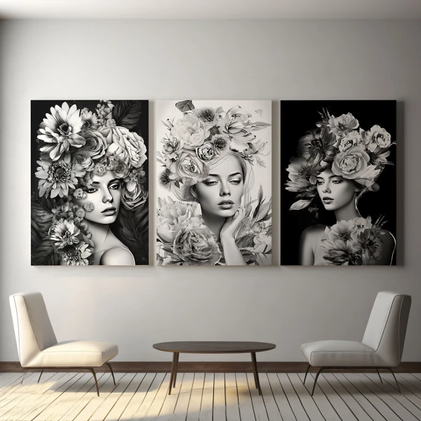 Femei si Flori - Set 3 Tablouri