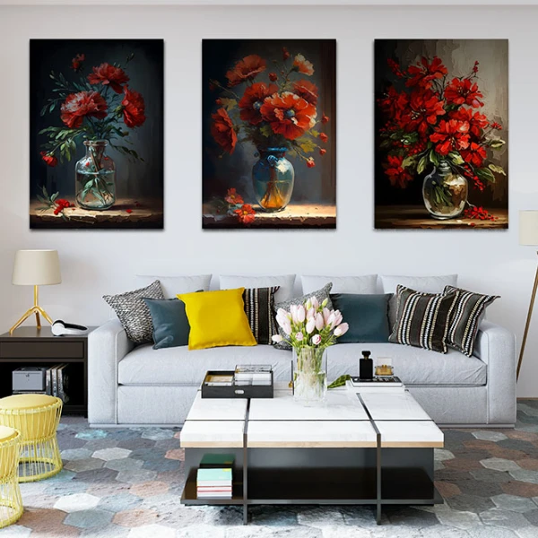 Vaze cu Flori Rosii - Set 3 Tablouri Vaze cu Flori Rosii - Set 3 Tablouri