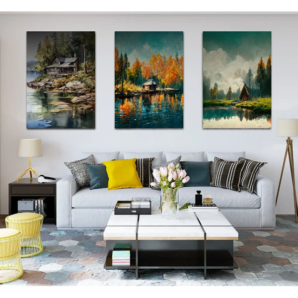 Casute pe Malul Lacului - Set 3 Tablouri