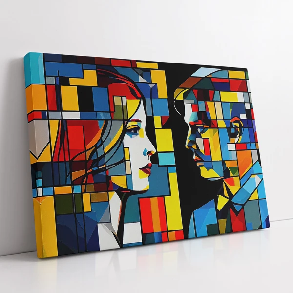 Tablou Abstract Suflete în Rezonanță – Portret Mozaic cu un Cuplu Stilizat pentru Living sau Dormitor Tablou Abstract Suflete în Rezonanță – Portret Mozaic cu un Cuplu Stilizat pentru Living sau Dormitor