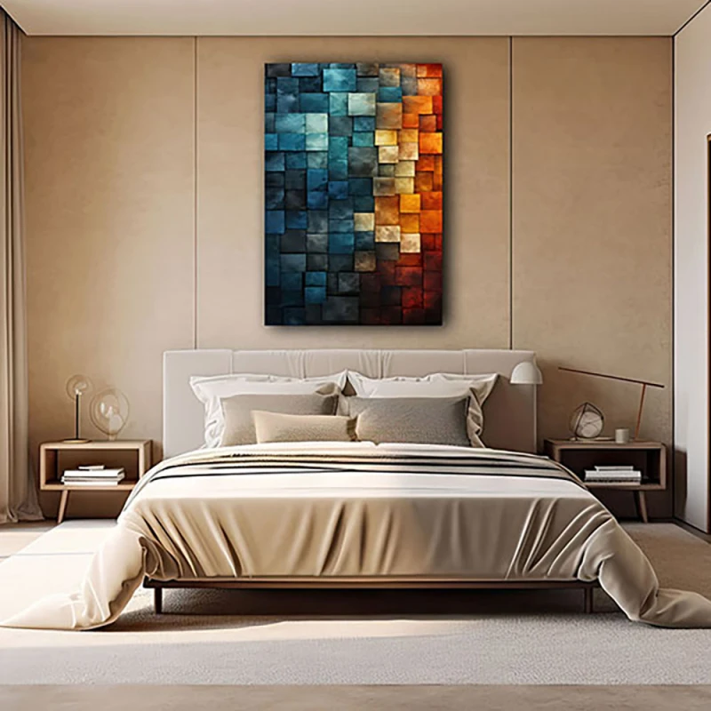 Tablou Abstract Geometric Sugestii Spațiale – Cuburi 3D în Nuanțe de Albastru și Cupru pentru Living Modern