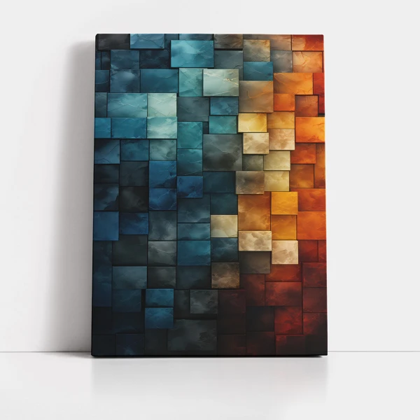 Tablou Abstract Geometric Sugestii Spațiale – Cuburi 3D în Nuanțe de Albastru și Cupru pentru Living Modern