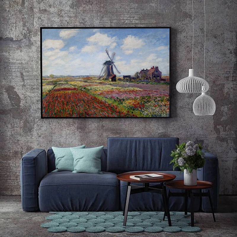 Tablou Monet - Câmpuri de lalele la moara de vânt din Rijnsburg, tablou inramat fine art decor Tablou Monet - Câmpuri de lalele la moara de vânt din Rijnsburg, tablou inramat fine art decor