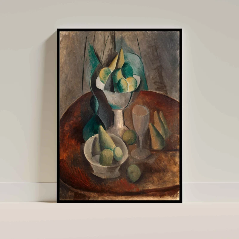 Tablou Pablo Picasso - Fructe într-un vas, tablou reproducere de înaltă calitate, operă emblematică a cubismului timpuriu, rama neagră Tablou Pablo Picasso - Fructe într-un vas, tablou reproducere de înaltă calitate, operă emblematică a cubismului timpuriu, rama neagră
