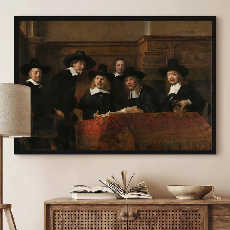 Tablou Rembrandt - Sindicii breslei postăvarilor, tablou reproducere pentru birouri, cabinete, biblioteci sau livinguri sofisticate Tablou Rembrandt - Sindicii breslei postăvarilor, tablou reproducere pentru birouri, cabinete, biblioteci sau livinguri sofisticate