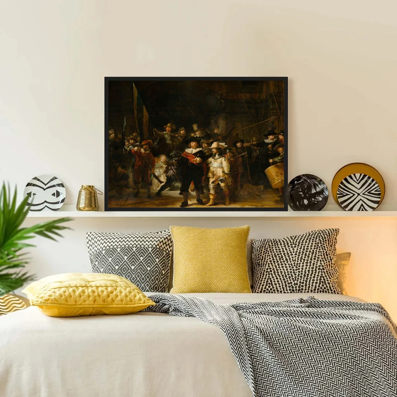 Tablou Rembrandt - Rondul de noapte, tablou reproducere pentru livinguri spațioase, birouri elegante sau holuri primitoare Tablou Rembrandt - Rondul de noapte, tablou reproducere pentru livinguri spațioase, birouri elegante sau holuri primitoare