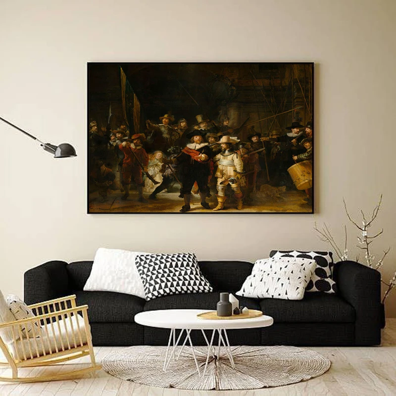 Tablou Rembrandt - Rondul de noapte, tablou reproducere pentru livinguri spațioase, birouri elegante sau holuri primitoare Tablou Rembrandt - Rondul de noapte, tablou reproducere pentru livinguri spațioase, birouri elegante sau holuri primitoare