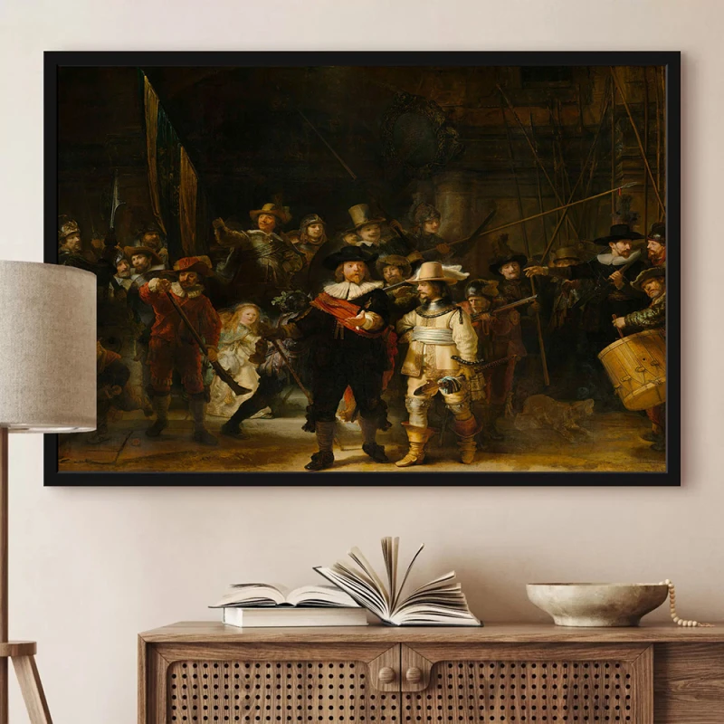 Tablou Rembrandt - Rondul de noapte, tablou reproducere pentru livinguri spațioase, birouri elegante sau holuri primitoare Tablou Rembrandt - Rondul de noapte, tablou reproducere pentru livinguri spațioase, birouri elegante sau holuri primitoare