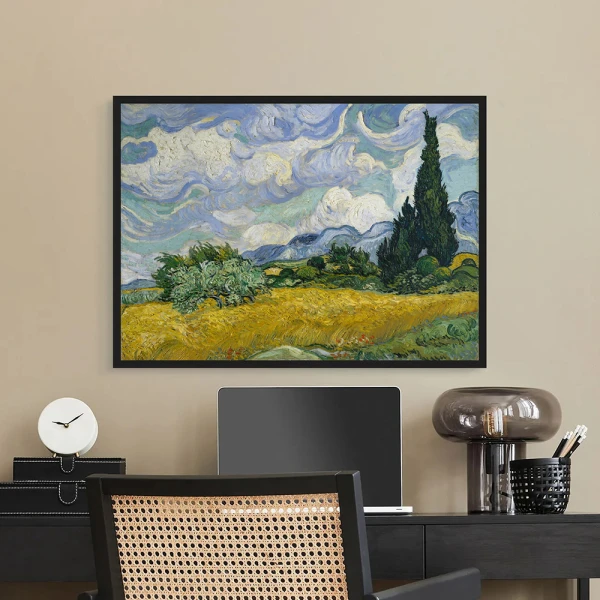 Tablou Vincent van Gogh - Câmp de Grâu cu Chiparoși, tablou reproducere înrămat ideal pentru livinguri moderne sau clasice, birouri elegante, holuri generoase și dormitoare