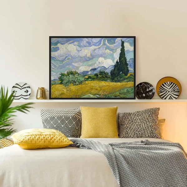 Tablou Vincent van Gogh - Câmp de Grâu cu Chiparoși, tablou reproducere înrămat ideal pentru livinguri moderne sau clasice, birouri elegante, holuri generoase și dormitoare Tablou Vincent van Gogh - Câmp de Grâu cu Chiparoși, tablou reproducere înrămat ideal pentru livinguri moderne sau clasice, birouri elegante, holuri generoase și dormitoare