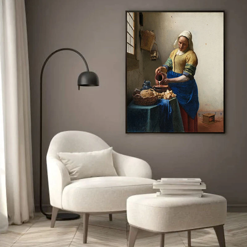 Tablou Vermeer - Lăptăreasa, tablou reproducere înrămat se integrează excelent în livinguri, bucătării spațioase, birouri sau holuri