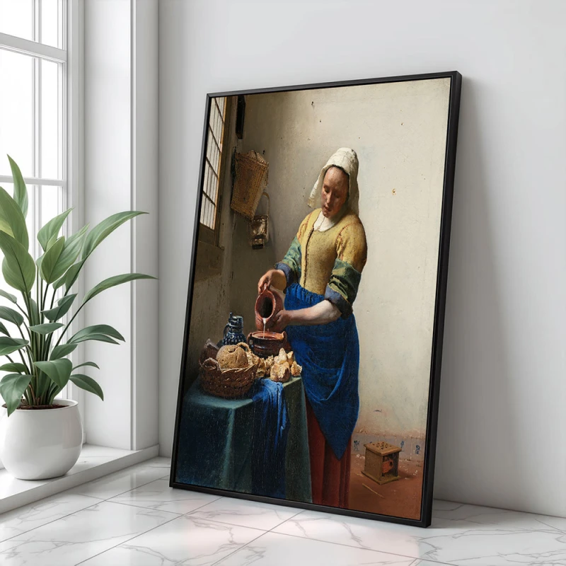 Tablou Vermeer - Lăptăreasa, tablou reproducere înrămat se integrează excelent în livinguri, bucătării spațioase, birouri sau holuri
