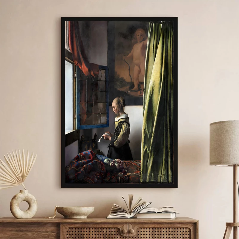 Tablou Vermeer - Fată citind o scrisoare la fereastră, tablou reproducere înrămat se potrivește perfect în livinguri clasice, birouri elegante, biblioteci sau holuri luminate Tablou Vermeer - Fată citind o scrisoare la fereastră, tablou reproducere înrămat se potrivește perfect în livinguri clasice, birouri elegante, biblioteci sau holuri luminate
