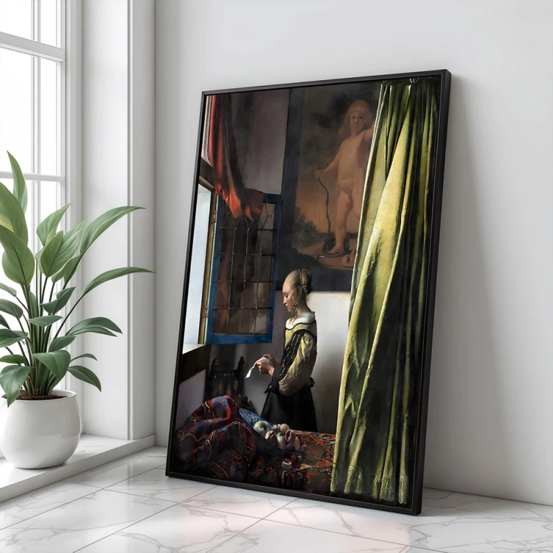 Tablou Vermeer - Fată citind o scrisoare la fereastră, tablou reproducere înrămat se potrivește perfect în livinguri clasice, birouri elegante, biblioteci sau holuri luminate Tablou Vermeer - Fată citind o scrisoare la fereastră, tablou reproducere înrămat se potrivește perfect în livinguri clasice, birouri elegante, biblioteci sau holuri luminate