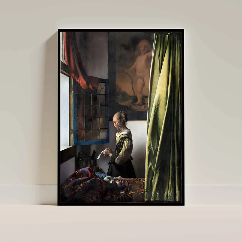 Tablou Vermeer - Fată citind o scrisoare la fereastră, tablou reproducere înrămat se potrivește perfect în livinguri clasice, birouri elegante, biblioteci sau holuri luminate Tablou Vermeer - Fată citind o scrisoare la fereastră, tablou reproducere înrămat se potrivește perfect în livinguri clasice, birouri elegante, biblioteci sau holuri luminate