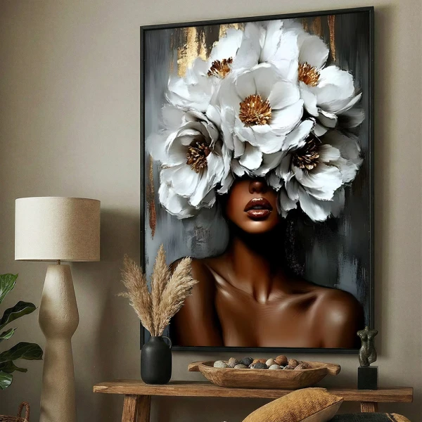 Tablou abstract înrămat cu flori – Printre Flori, tablou modern femeie cu flori