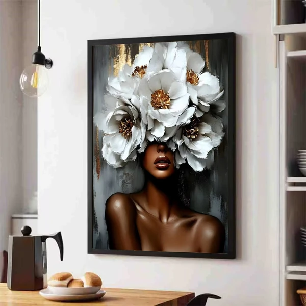 Tablou abstract înrămat cu flori – Printre Flori, tablou modern femeie cu flori